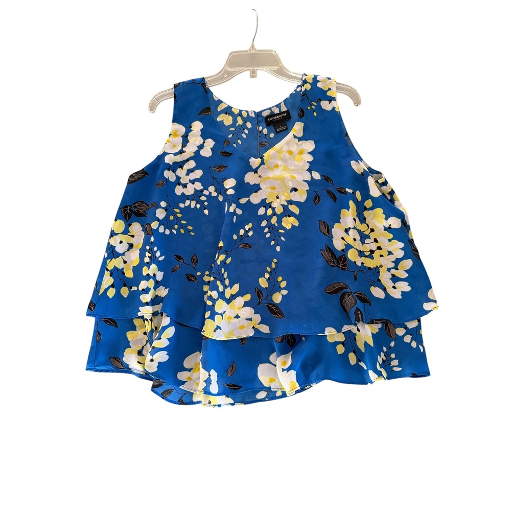 Liz Claiborne Career Womens Blue Floral Tiered Sleeveless Blouse Sz L V-Neck